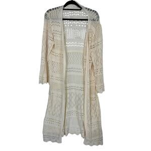 Crochet Cardigan Womens Lg/XL Cream Bell Sleeves Long Sweater Open Knit